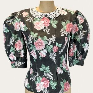 VINTAGE 80s cottage rose bodice top balloon sleeve crochet lace collar tailored